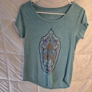 Lucky Brand Teal Scoop Neck T Shirt with Peacock Design size S